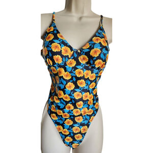 Floral Print High Leg One Piece Swimsuit Women's M Blue Yellow Tropical